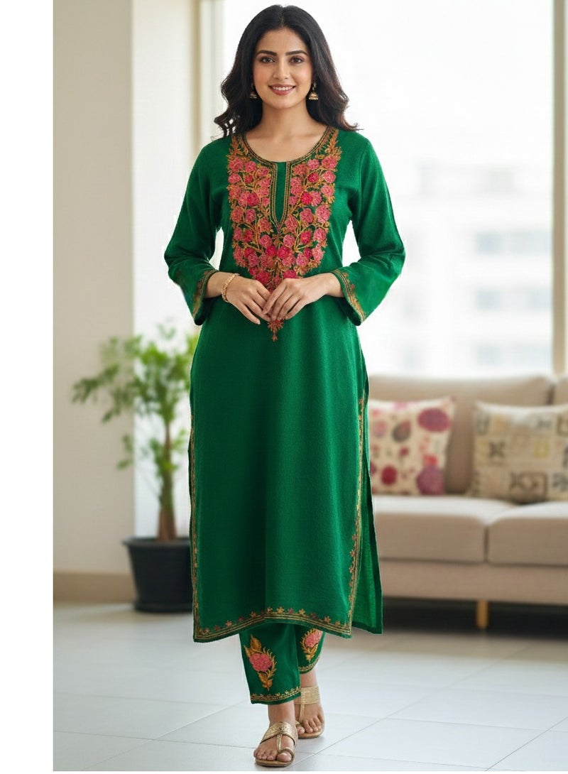 A.M Women's Kashmiri Embroidered, Green Tissue Winter Kurti with pant having Traditional Floral Design - Image 1